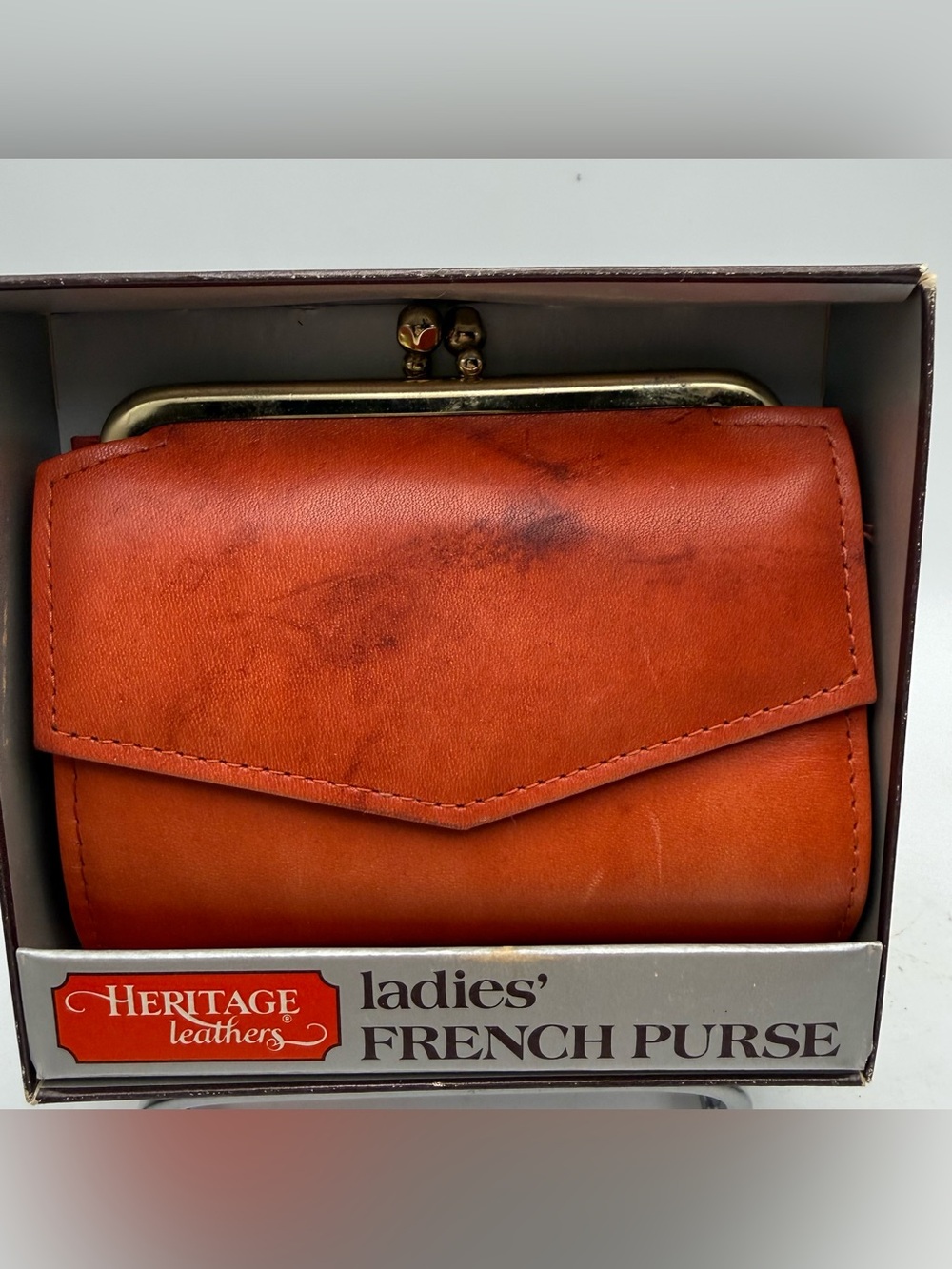 Vintage HERITAGE LEATHER French Purse Brown Leather Wallet-New in Box Orange/Red